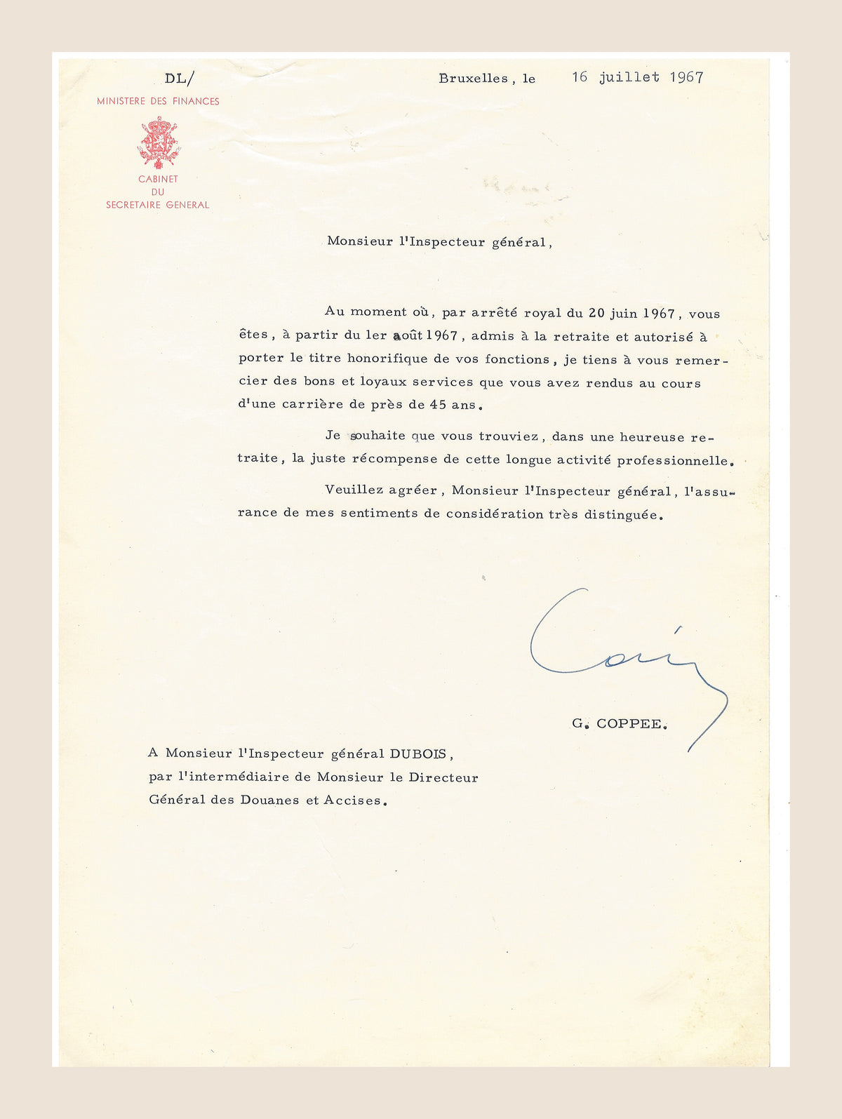 Belgian Ministry of Finance letter dated 16 July 1967 thanking Alexis Dubois for nearly 45 years of public service