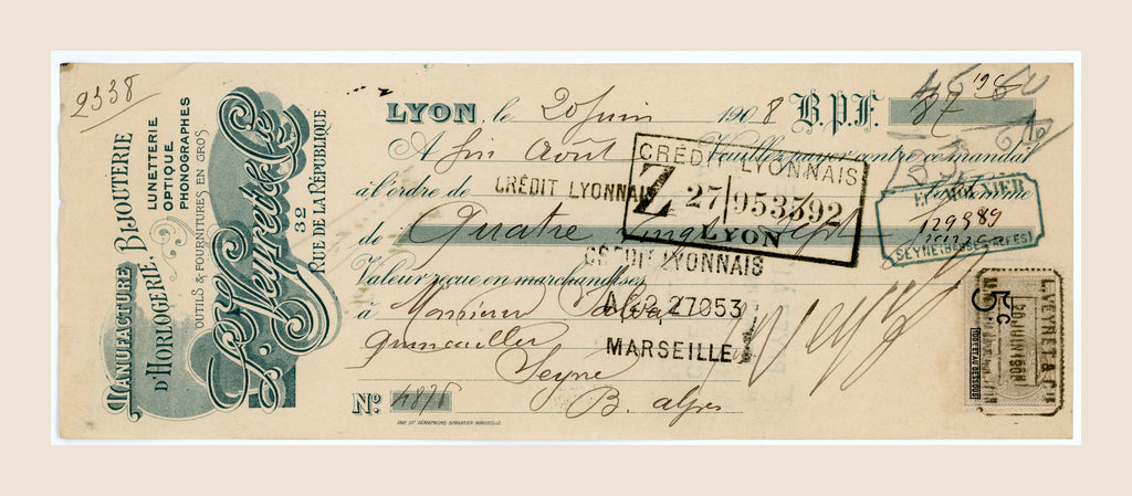 1908 French bill of exchange from L. Veyret & Cie in Lyon with decorative watchmaking letterhead, handwriting and bank stamps
