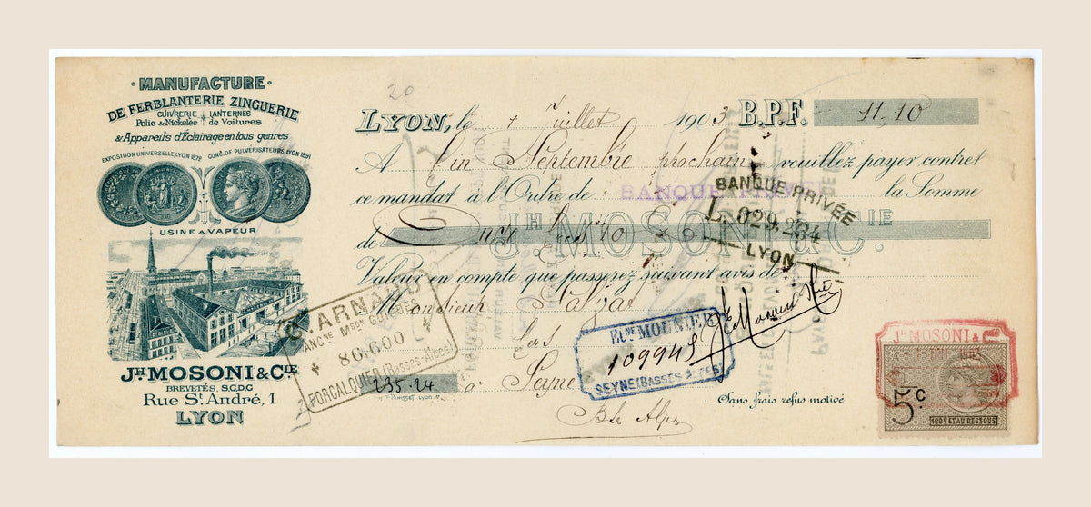 Antique 1903 French bill of exchange by J.H. Mosoni & Cie, Lyon, with illustrated factory letterhead and bank stamps