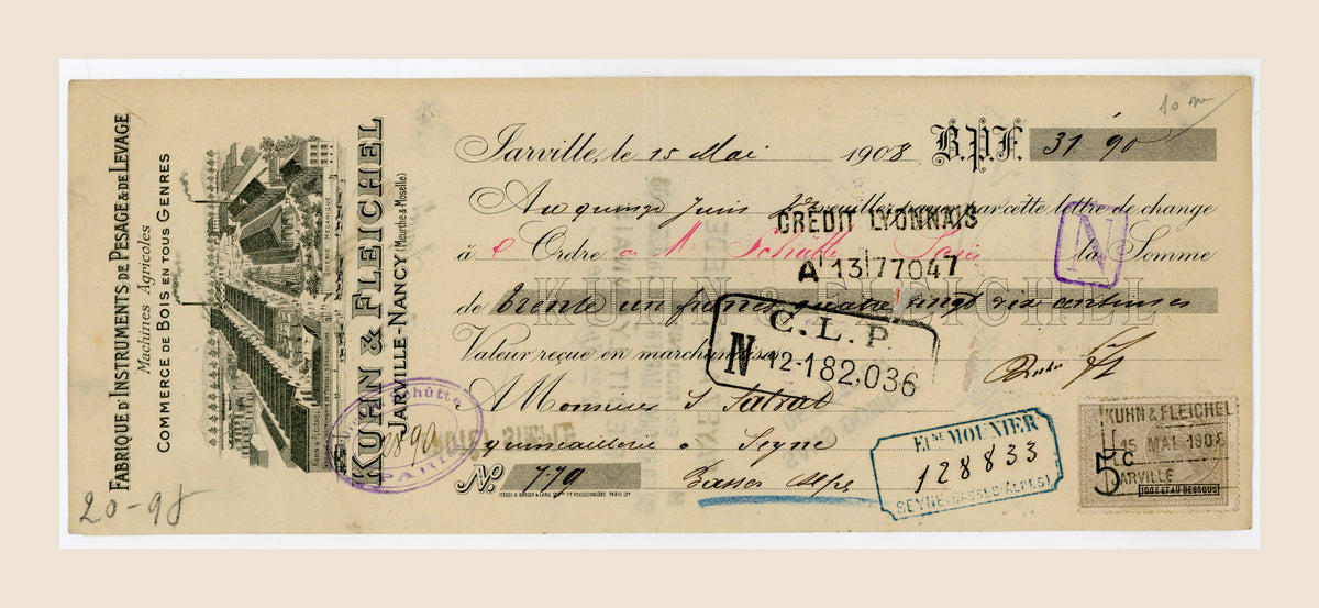 1908 French bill of exchange from Kuhn & Fleichel, Jarville-Nancy, with illustrated factory letterhead, handwriting and bank stamps