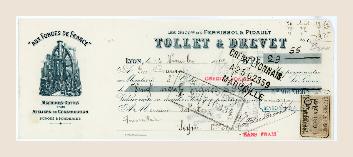 1909 antique French bill of exchange by Tollet & Drevet Lyon with illustrated industrial letterhead and banking stamps