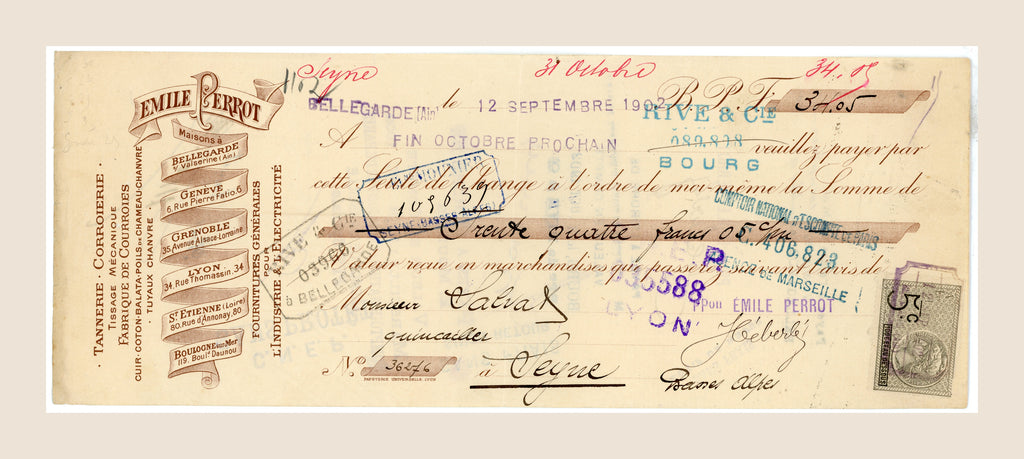 Original 1902 French bill of exchange by Emile Perrot, Bellegarde, commercial paper ephemera, front view