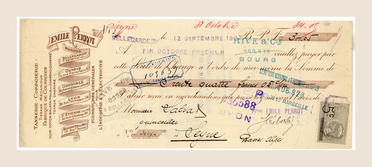 Original 1902 French bill of exchange by Emile Perrot, Bellegarde, commercial paper ephemera, front view