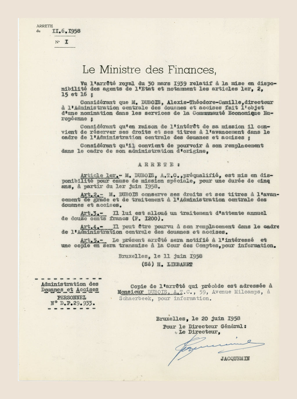 1958 Belgian Ministry of Finance ministerial decree placing Alexis Theodore Camille Dubois on special mission leave for service in the European Economic Community