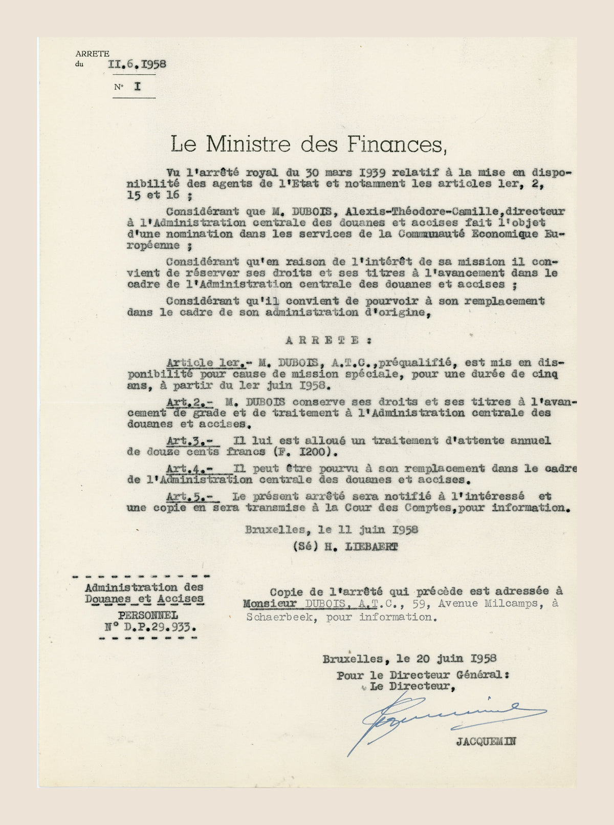 1958 Belgian Ministry of Finance ministerial decree placing Alexis Theodore Camille Dubois on special mission leave for service in the European Economic Community