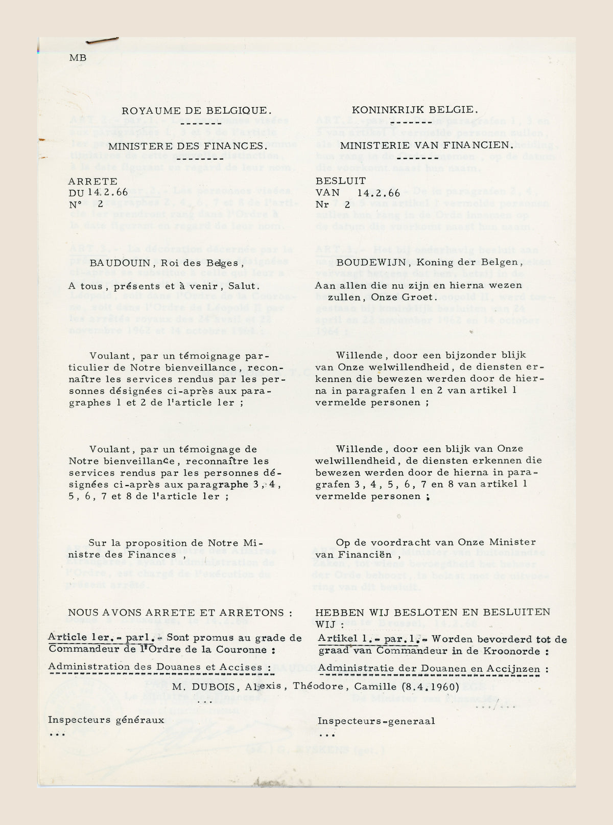 Belgian royal decree of 14 February 1966 promoting Alexis Dubois to Commander of the Order of the Crown