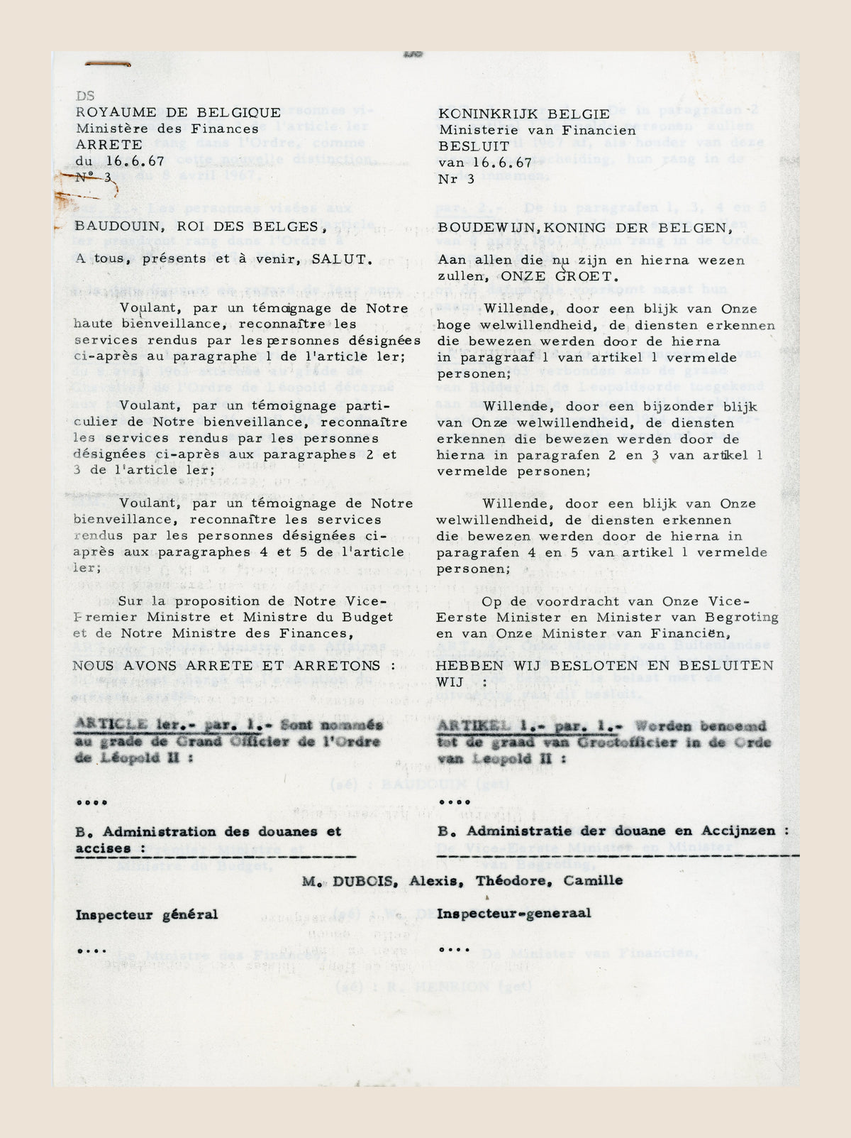 Belgian Royal Decree of 16 June 1967 appointing Alexis Dubois Grand Officer of the Order of Leopold II