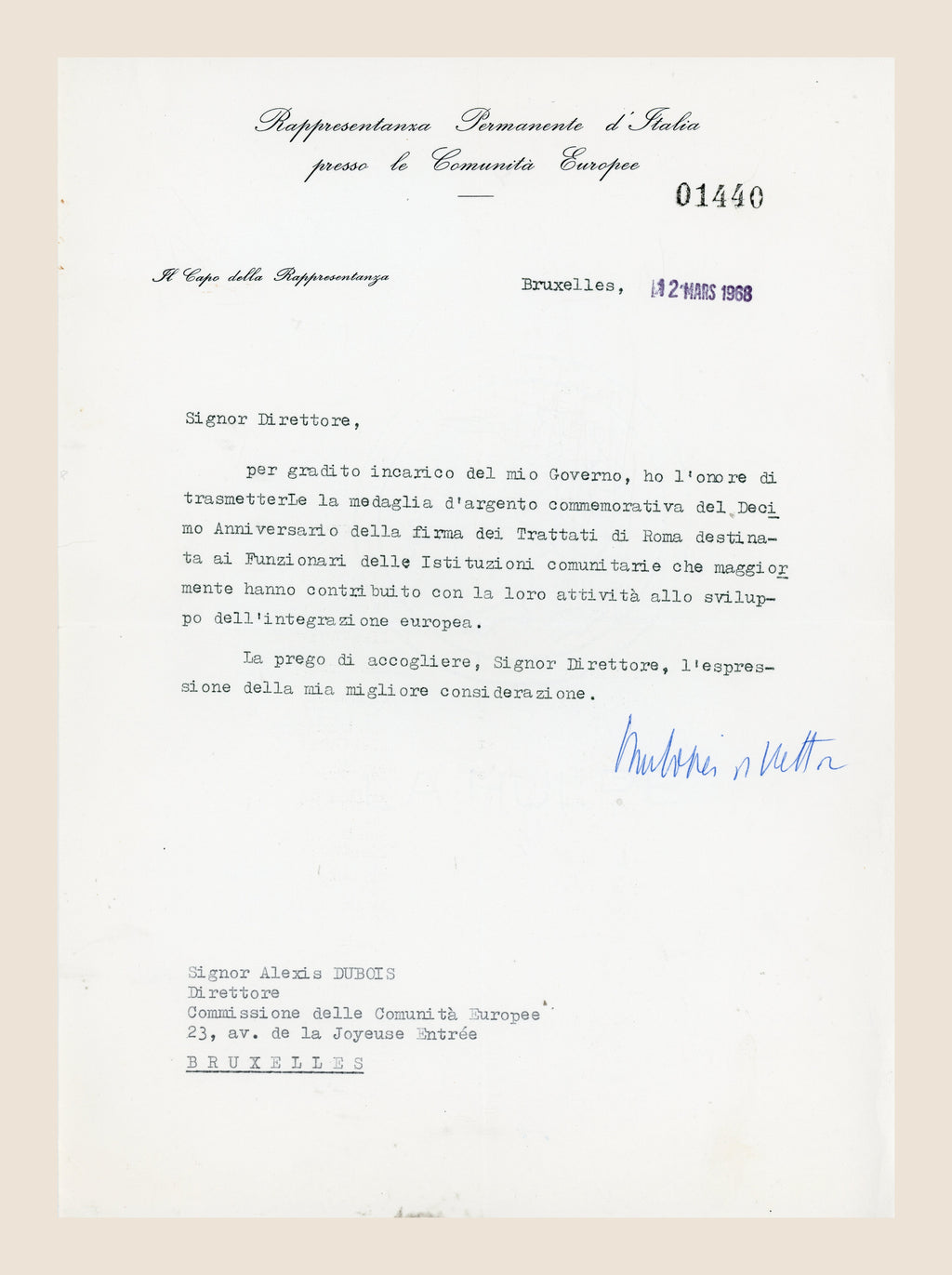 1968 letter from the Permanent Representation of Italy awarding Alexis Dubois a Treaty of Rome anniversary silver medal