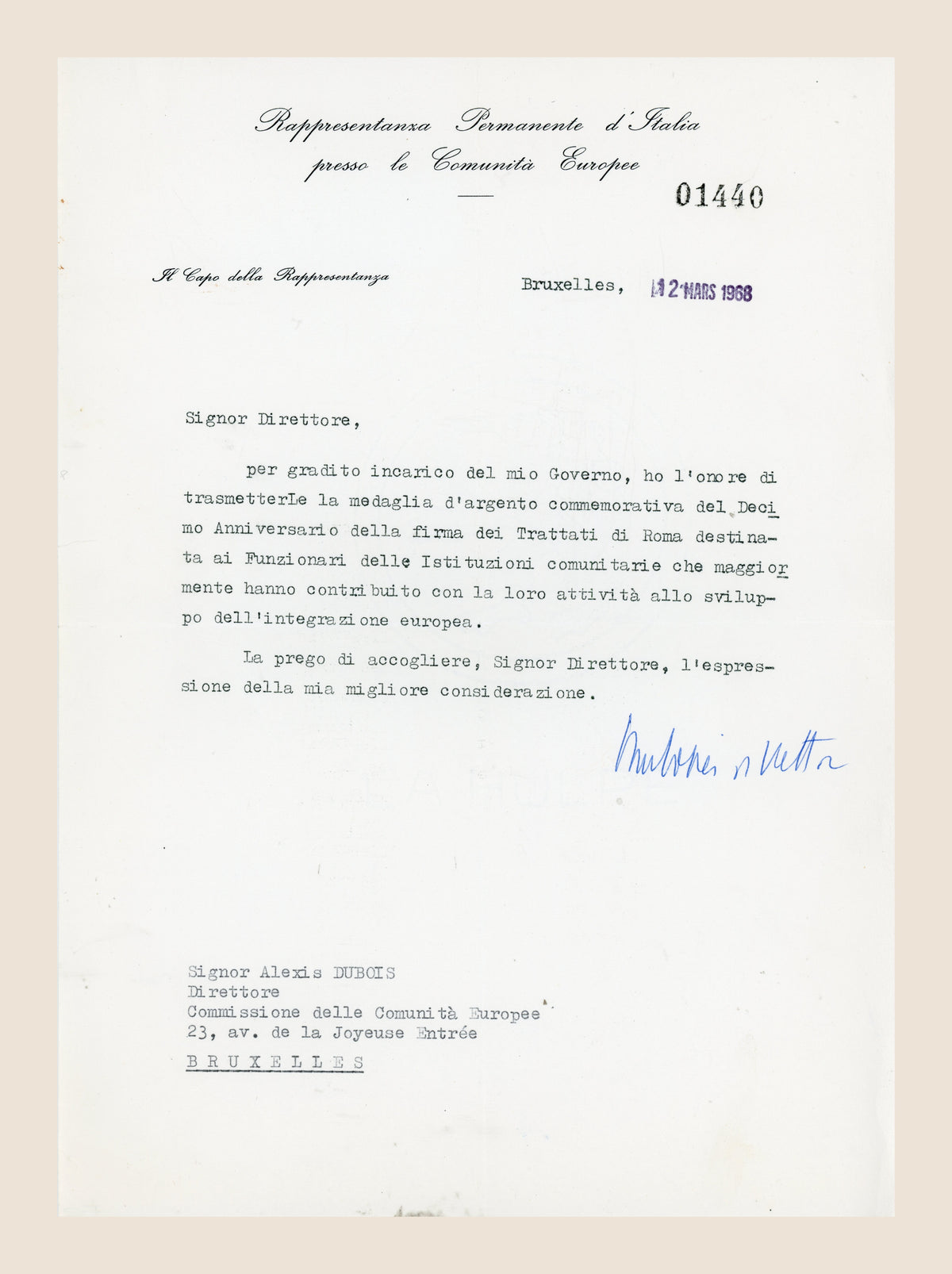 1968 letter from the Permanent Representation of Italy awarding Alexis Dubois a Treaty of Rome anniversary silver medal