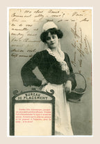 Antique Albert Bergeret Bureau de Placement French postcard depicting a cook with wicker basket, handwritten message and Belle Époque humour, circa 1903.