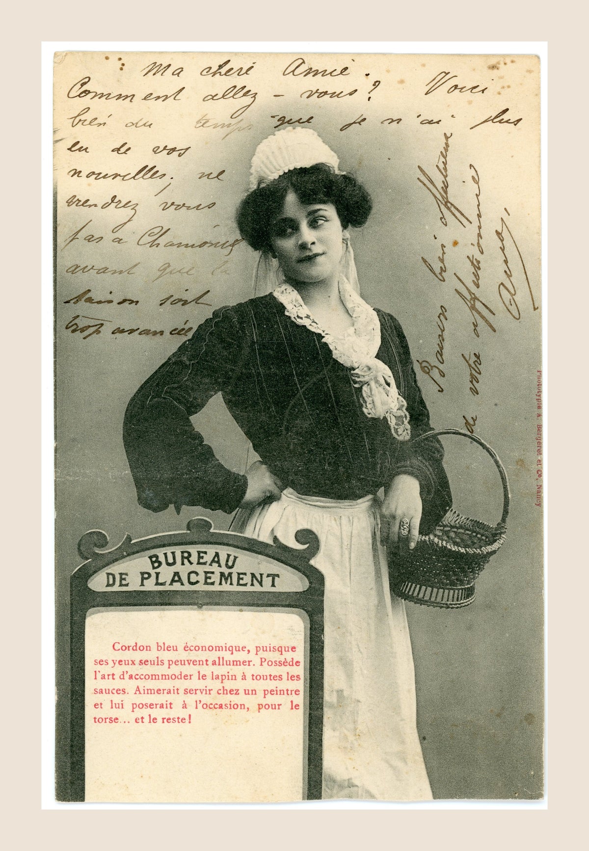 Antique Albert Bergeret Bureau de Placement French postcard depicting a cook with wicker basket, handwritten message and Belle Époque humour, circa 1903.