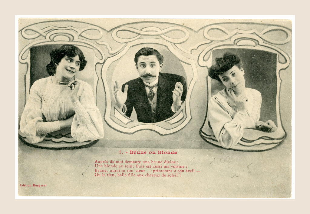 Albert Bergeret Brune ou Blonde postcard number 1, featuring a moustached gentleman between two women in ornamental Belle Époque frames, circa 1905.