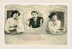 Albert Bergeret Brune ou Blonde postcard number 1, featuring a moustached gentleman between two women in ornamental Belle Époque frames, circa 1905.