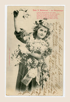 Albert Bergeret Les 4 Saisons Le Printemps antique French postcard, young girl surrounded by flowers with red French poem and handwritten message, circa 1903.