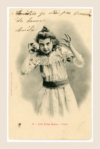Antique Albert Bergeret Les Cinq Sens L'Ouïe French postcard showing a young girl raising her hands to her ears, with handwritten message, circa 1903.
