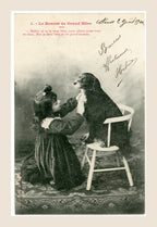 Albert Bergeret Le Bonnet de Grand'Mère antique French postcard number 1 showing a little Belle Époque girl playing with her dog Médor seated on a chair, circa 1904