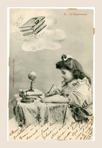 Antique Albert Bergeret postcard No. II L'Espérance showing a young girl writing at a desk with books, globe and inkstand, French Belle Époque circa 1903.
