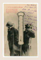 Antique French Bergeret postcard Le Thermomètre du Ménage No. 1, Belle Époque couple dressed for winter beside a large thermometer, circa 1904.