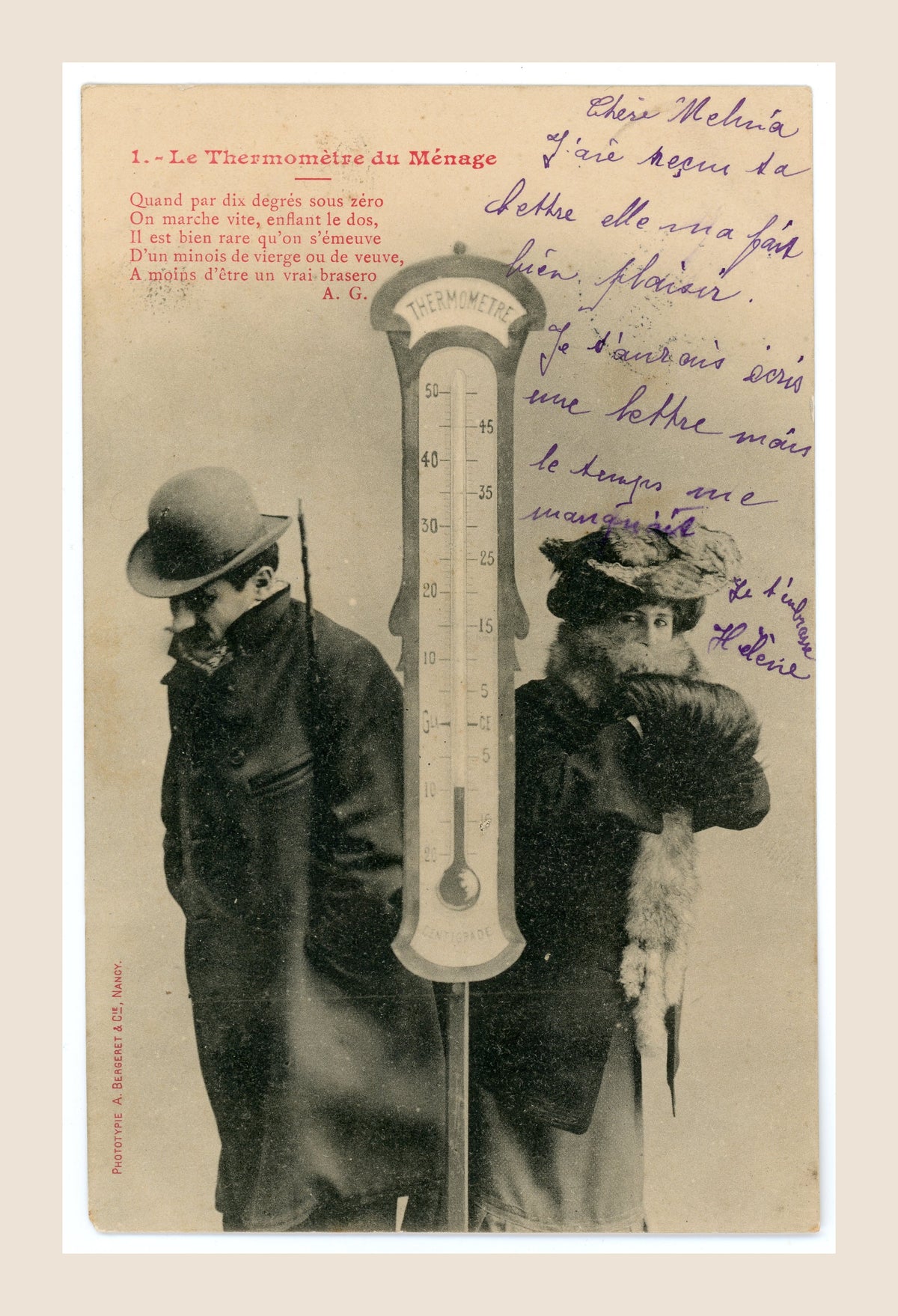 Antique French Bergeret postcard Le Thermomètre du Ménage No. 1, Belle Époque couple dressed for winter beside a large thermometer, circa 1904.
