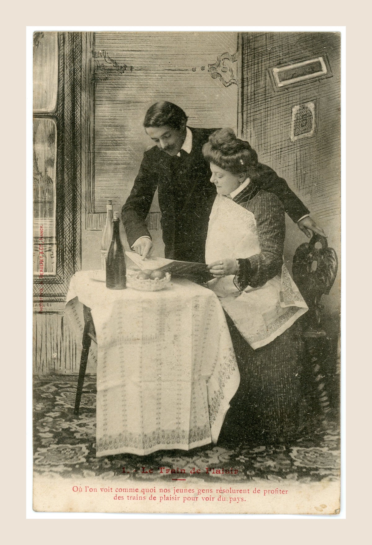Antique French Bergeret postcard Le Train de Plaisir No. 1, Belle Époque couple planning a pleasure train journey at home.