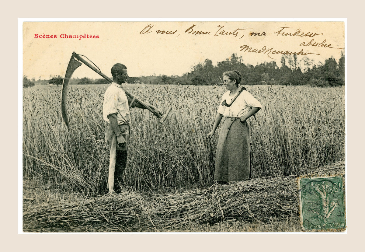 Antique French Bergeret Scènes Champêtres postcard showing a farm worker carrying a scythe and a woman standing in a wheat field, with handwritten message and postage stamp.