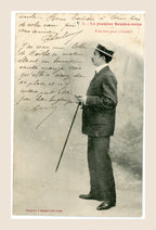 Antique French Bergeret postcard, Le Premier Rendez-vous No. 1, showing an Edwardian gentleman wearing a straw boater hat and holding a walking cane, with handwritten correspondence, Belle Époque France, circa 1905.