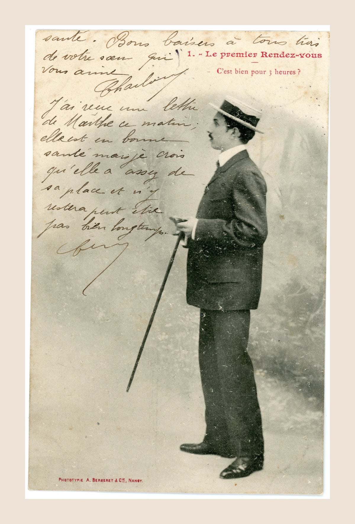 Antique French Bergeret postcard, Le Premier Rendez-vous No. 1, showing an Edwardian gentleman wearing a straw boater hat and holding a walking cane, with handwritten correspondence, Belle Époque France, circa 1905.