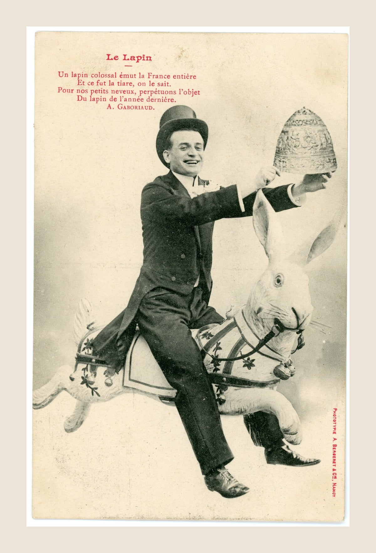 Original antique French Bergeret postcard Le Lapin, circa 1903, showing a smiling gentleman riding a theatrical rabbit and holding the famous Tiara of Saitaphernes.