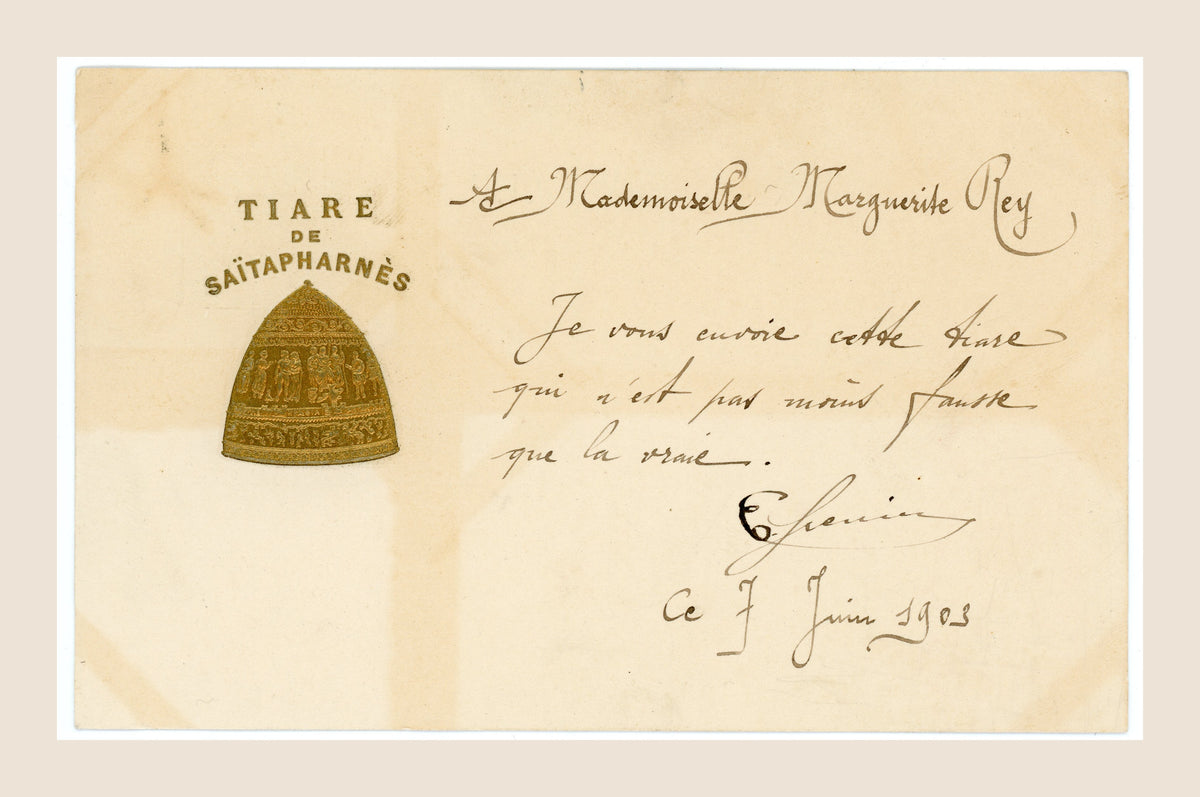 Original 1903 French antique postcard depicting the Tiara of Saitaphernes in gold embossing, with handwritten correspondence dated June 7, 1903.