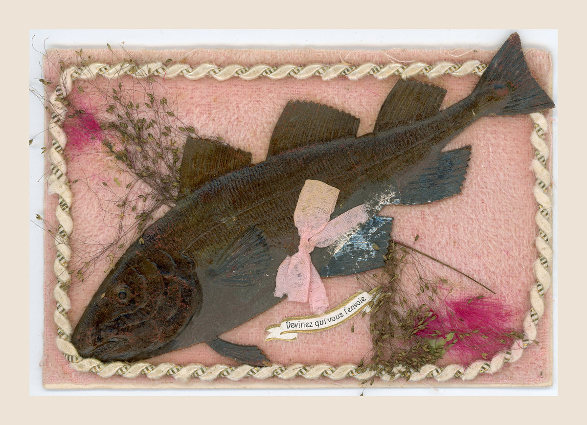 Antique postcard with a dark fish in relief, pink ribbon bow and botanical sprigs on pink textile, framed by twisted cream cord.