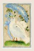 Antique postcard featuring a white dove beneath a parasol covered with blue fabric flowers, with a pale blue bow on a cream textile background.