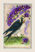 Antique postcard featuring a swallow beneath a purple fabric pansy parasol, with lilac bows and gold-toned details on a pale pink textile background.
