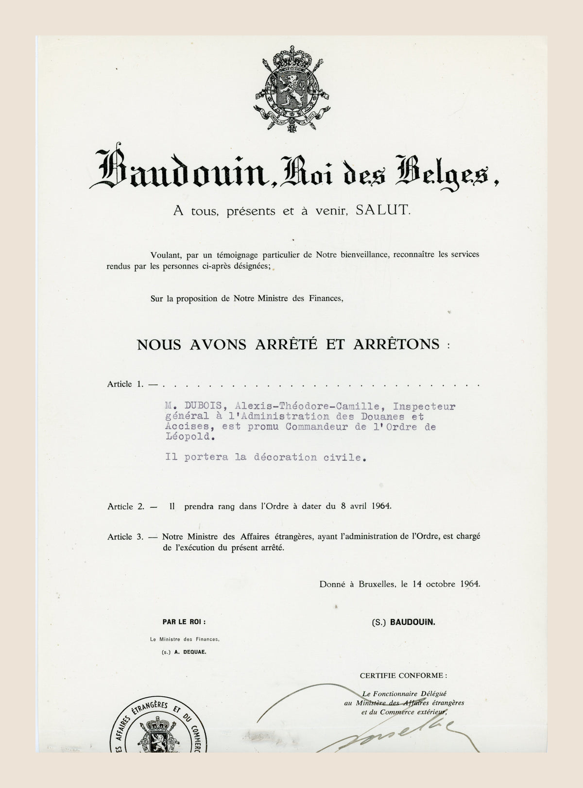 1964 Alexis Dubois Archive – Commander of the Order of Leopold, Belgium