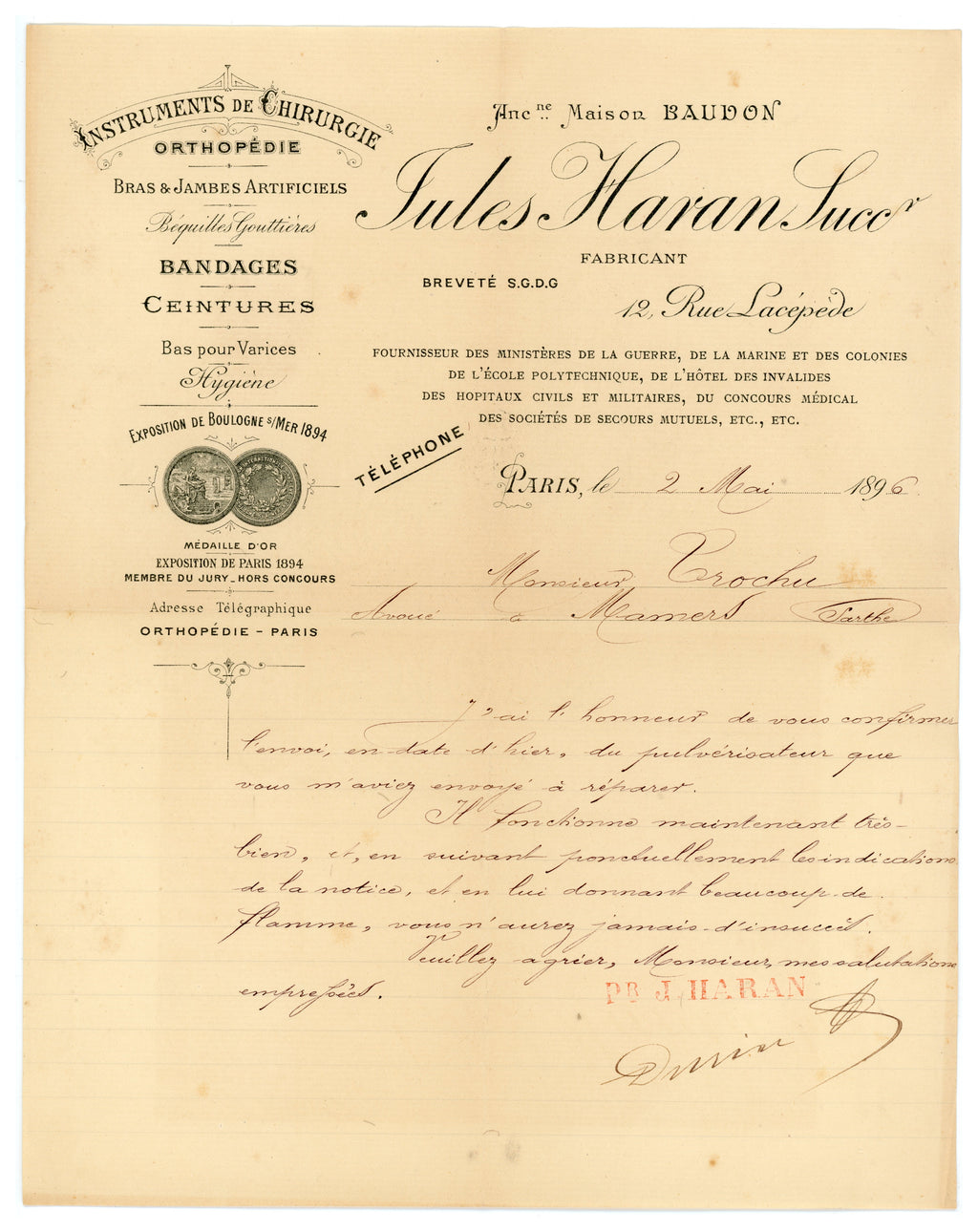 1896 French medical business letter with decorative Jules Haran letterhead, Paris