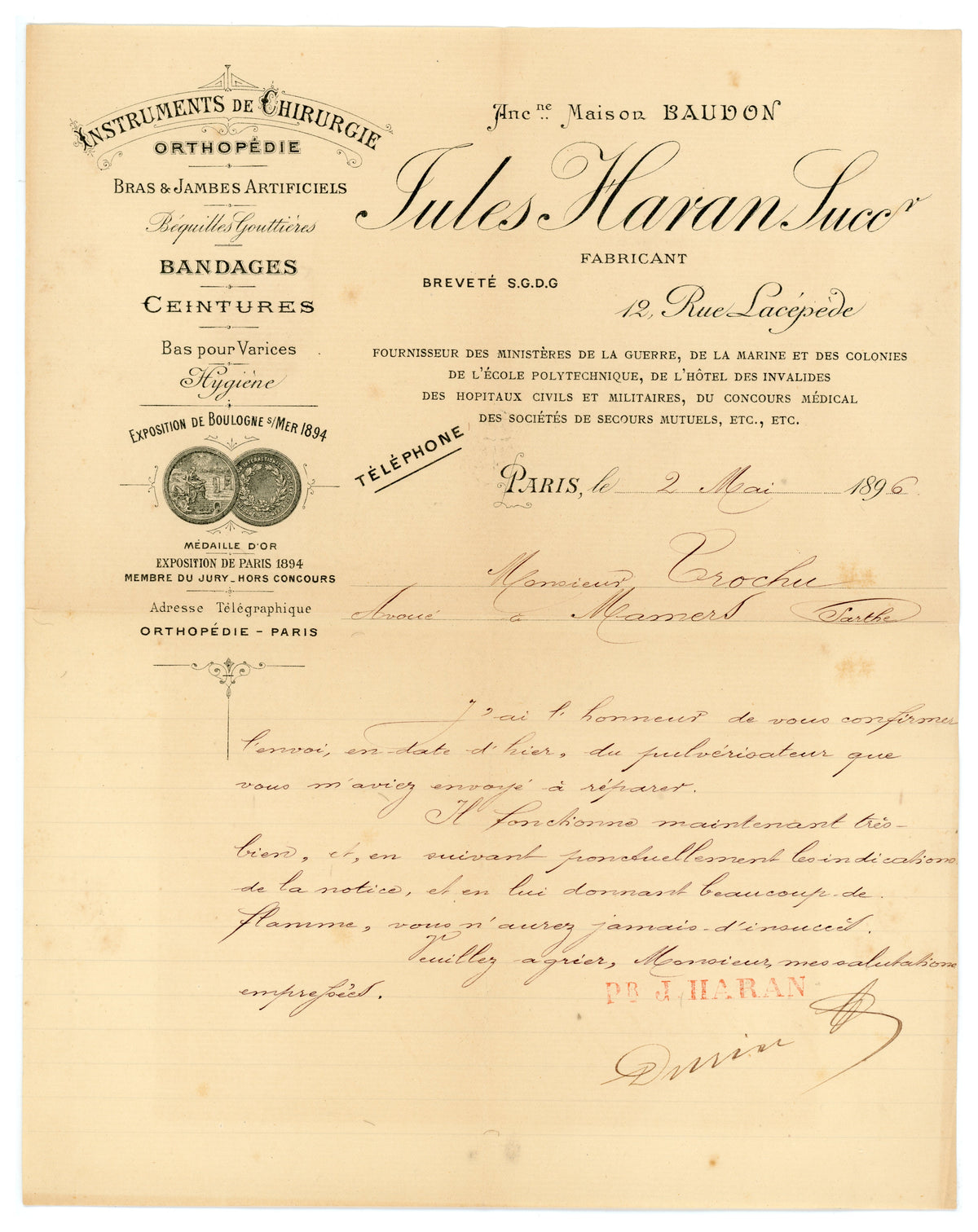 1896 French medical business letter with decorative Jules Haran letterhead, Paris