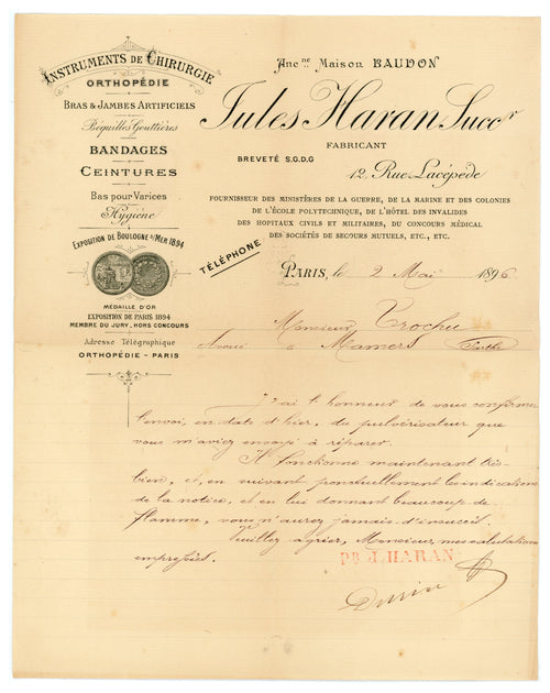 1896 French medical business letter with decorative Jules Haran letterhead, Paris