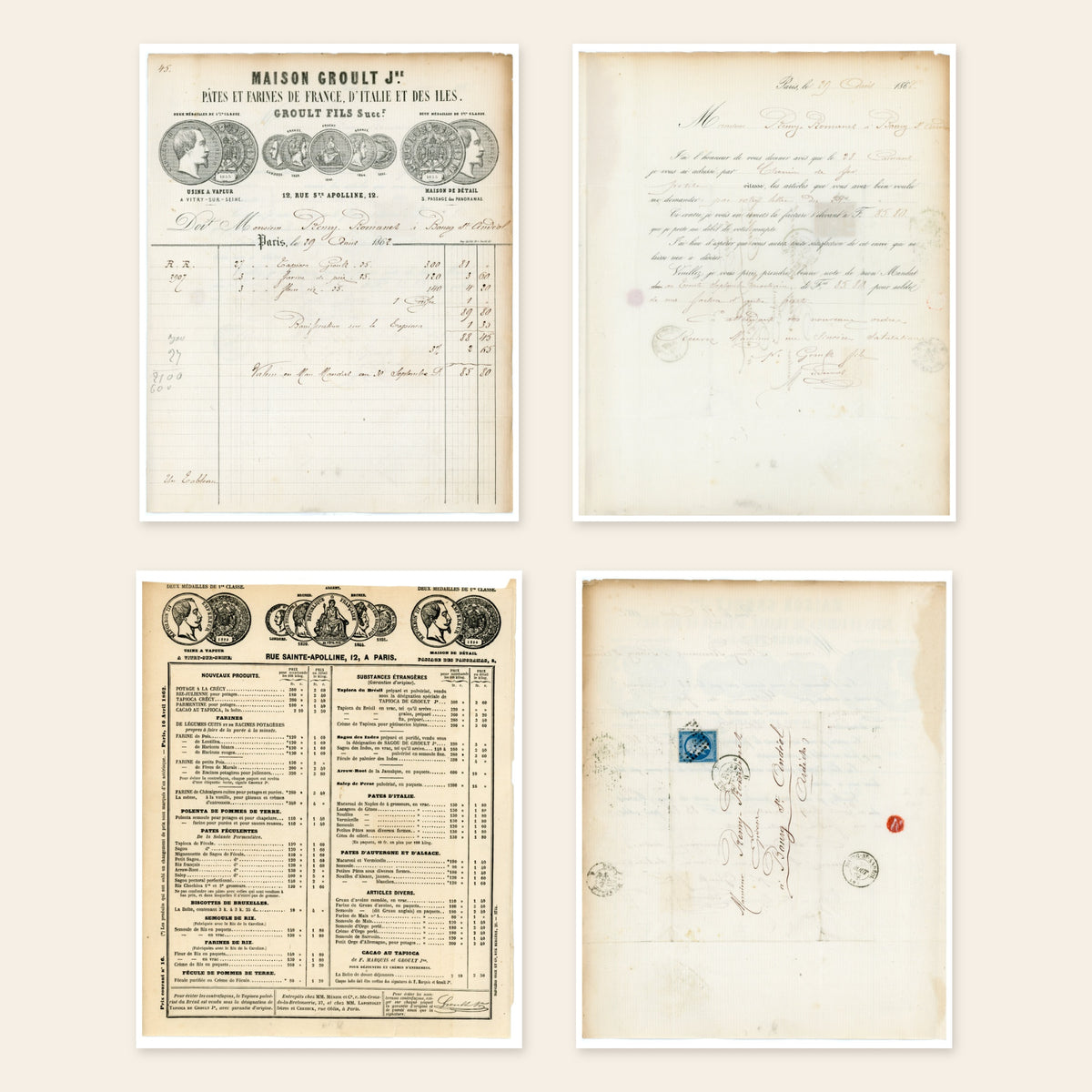 1862 Maison Groult French food invoice, business letter and illustrated price list from Paris
