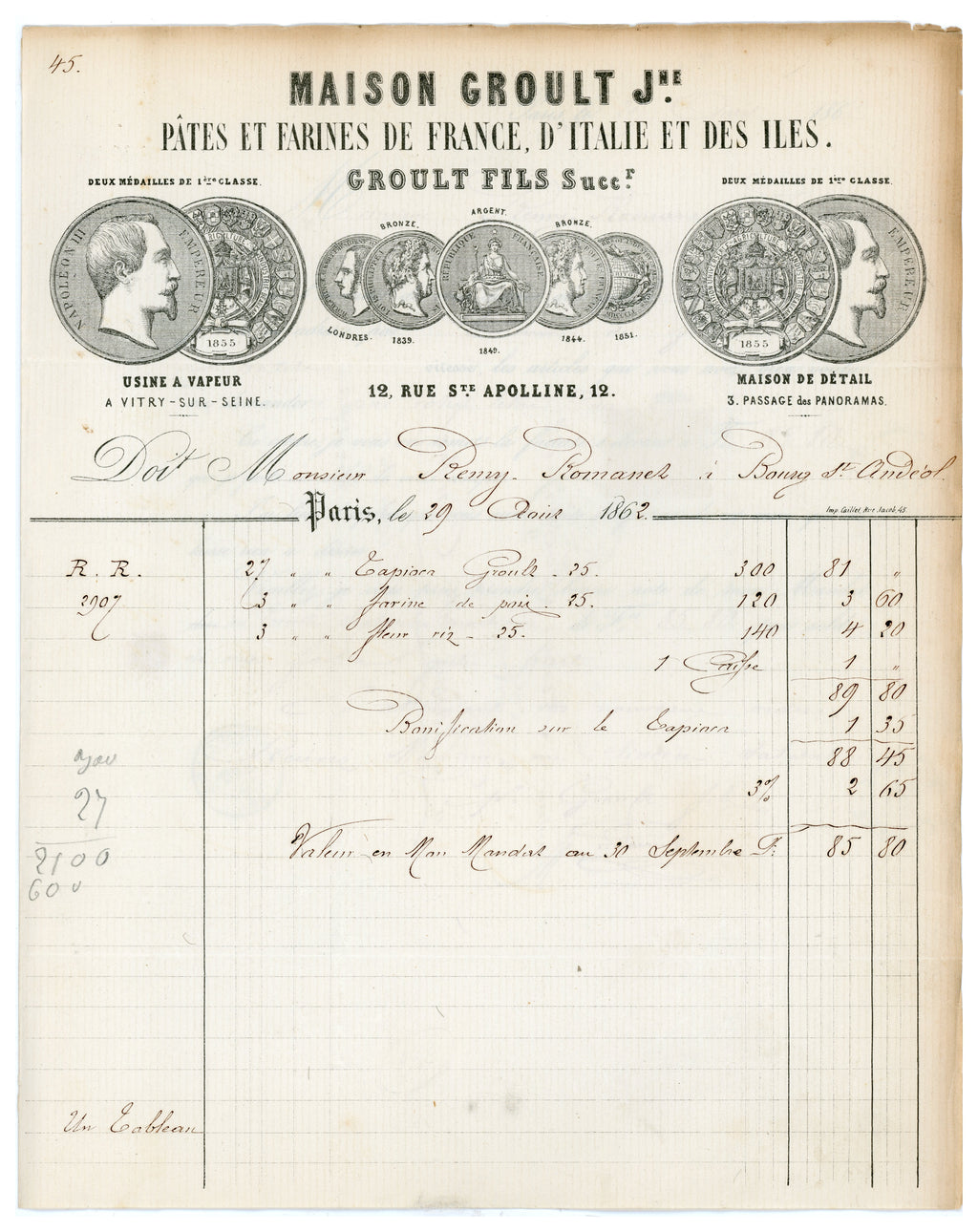 1862 Maison Groult French food invoice with illustrated Napoleon III letterhead
