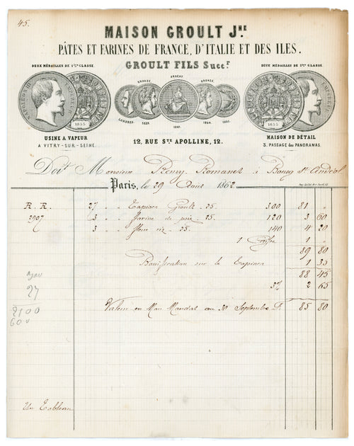1862 Maison Groult French food invoice with illustrated Napoleon III letterhead