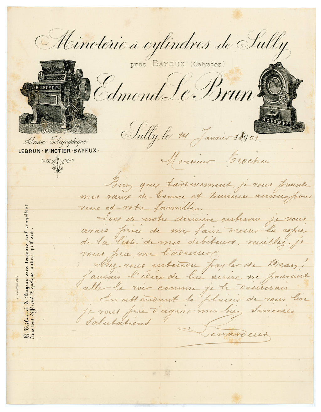 Antique French business letter with illustrated Sully flour mill letterhead, 1901