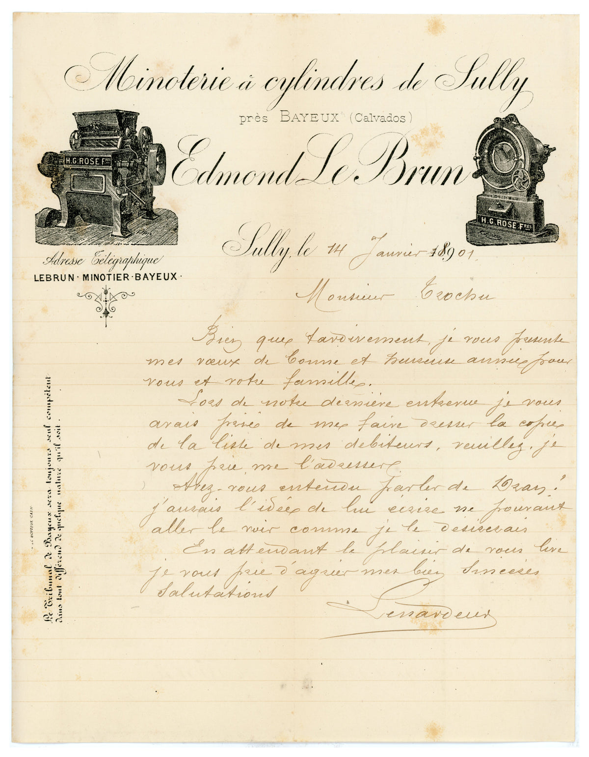 Antique French business letter with illustrated Sully flour mill letterhead, 1901