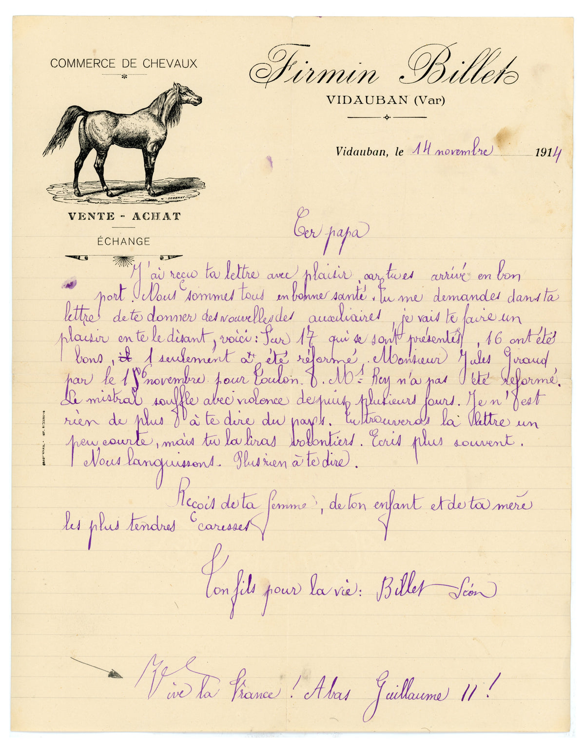 1914 French wartime correspondence on illustrated Firmin Billet horse-dealer letterhead