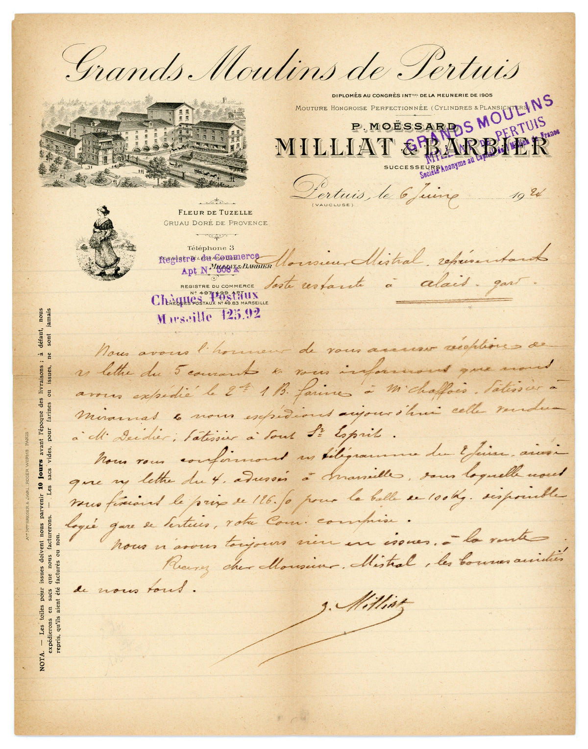 Antique French flour mill letter with illustrated Grands Moulins de Pertuis letterhead