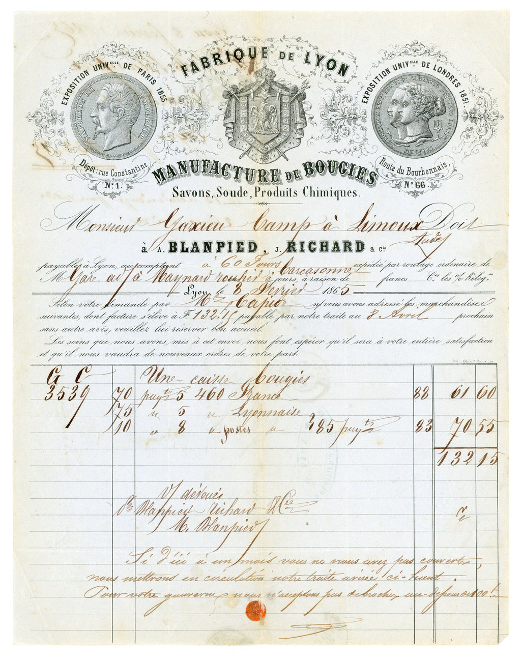Antique Lyon invoice for candles, soaps and chemical products dated 1865