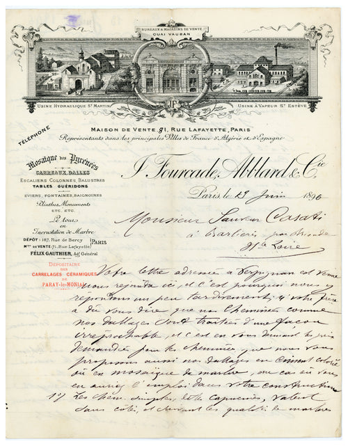 1896 Fourcade Ablard & Cie French marble trade letter from Paris
