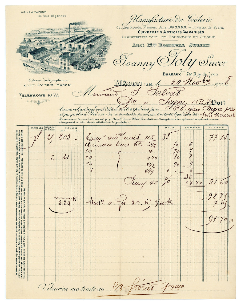 Handwritten 1908 Joanny Joly invoice for sheet metal and galvanised goods