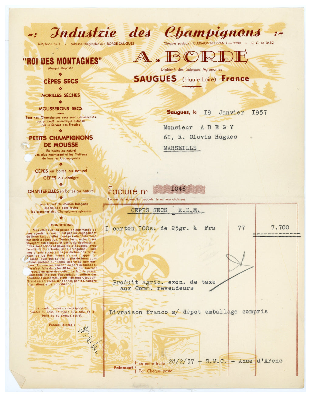 Antique French mushroom trade invoice with illustrated Roi des Montagnes letterhead