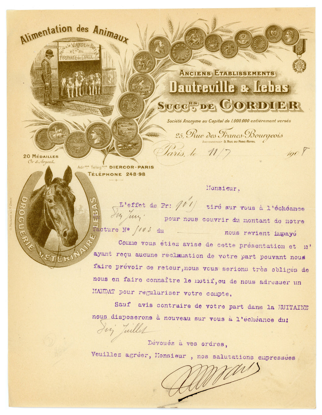 1907 French veterinary trade letter with decorative animal-feed letterhead