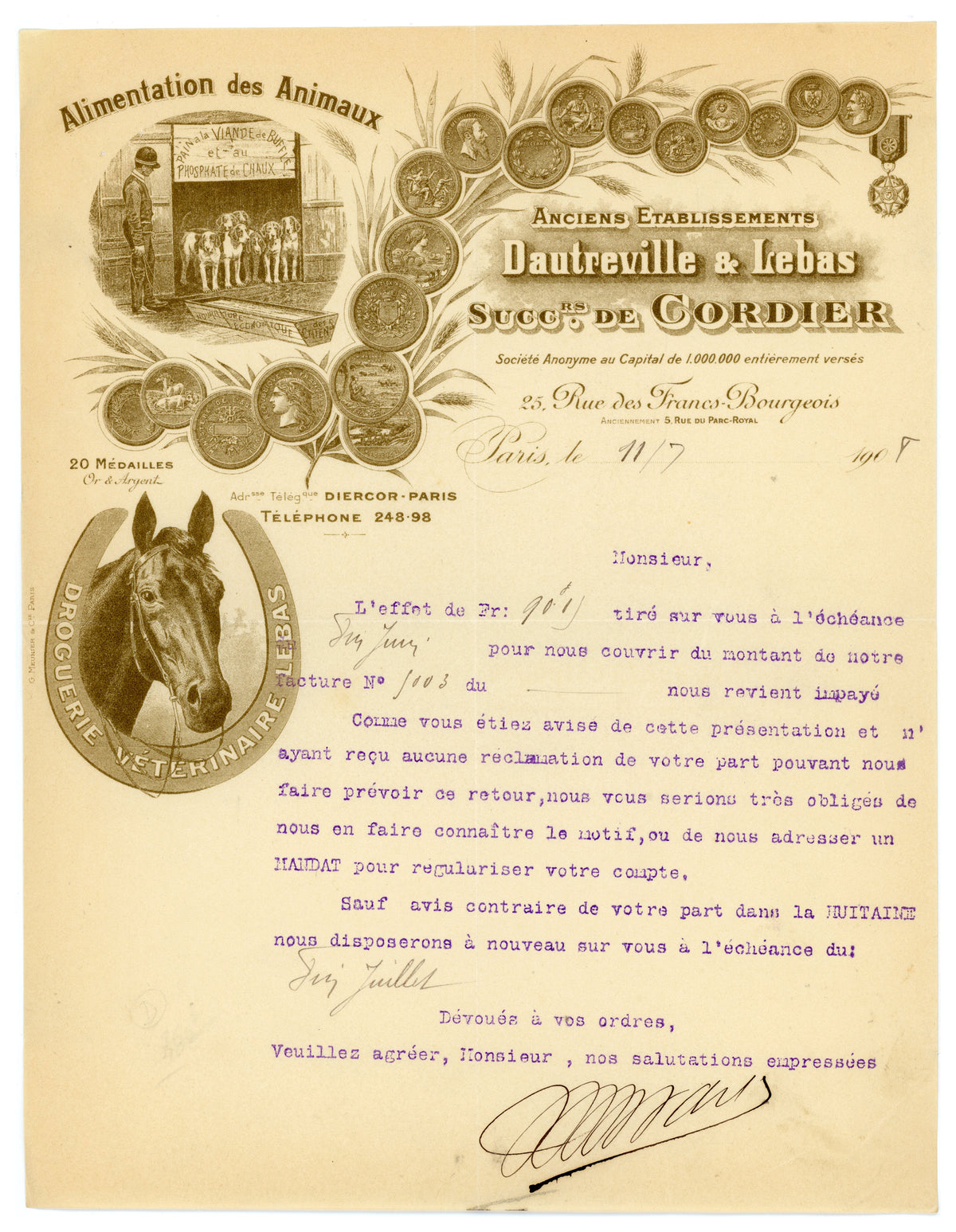1907 French veterinary trade letter with decorative animal-feed letterhead