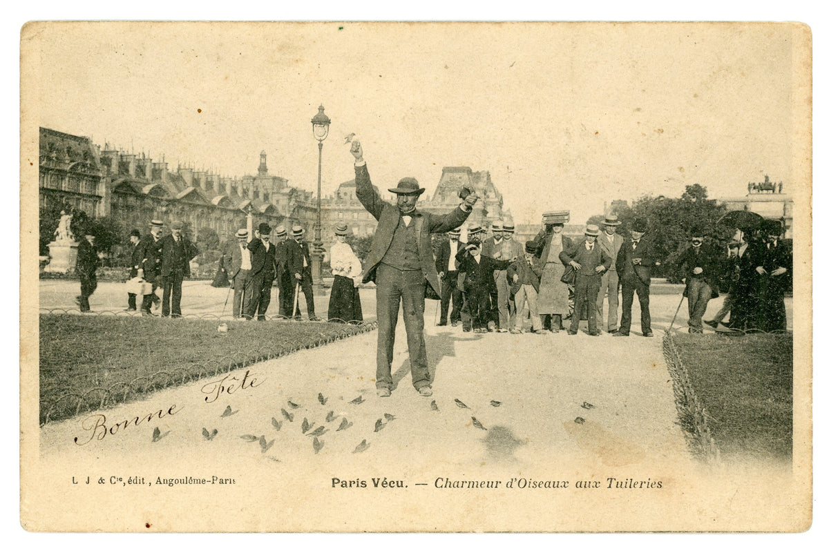 Paris Vécu – Bird Charmer at the Tuileries – Antique French Postcard